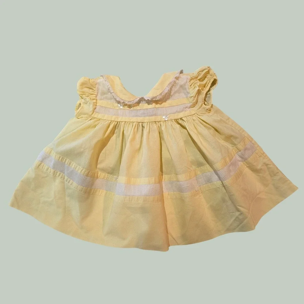 Baby Togs Vintage Sun Dress Kids 18M Yellow Peter Pan Collar Lace Trim